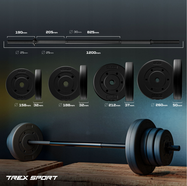 Тренажерная штанга Trex Sport набор битумных блинов 22 кг - изображение 3