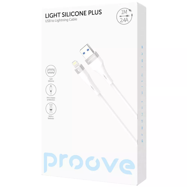 Кабель iPhone Proove Light Silicone Plus, USB – Lightning, 1 м, белый, быстрая зарядка 27W - Фото 2 Кабель iPhone Proove Light Silicone Plus, USB – Lightning, 1 м, белый, быстрая зарядка 27W - изображение 2