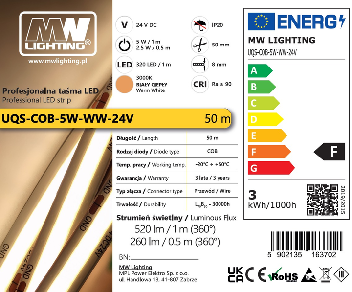 Світлодіодна стрічка MW Lighting Тип COB 5 Вт 320 кристалів/м² CRI >90 24 В 3000K IP20 50 м тепла біла (UQS-COB-5W-WW-24V-50M) - зображення 2