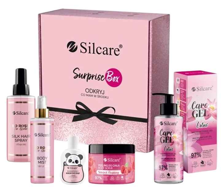 Zestaw kosmetyków pielęgnacyjnych Silcare Spray do włosów So Rose! So Gold! 275 ml + Perfumowana mgiełka do ciała So Rose! So Gold! 150 ml + Krem do rąk Panda 100 ml + Multifunkcyjny żel Lotus 275 ml + Peeling Sweet Raspberry 350 ml (5902560569889) - obraz 1