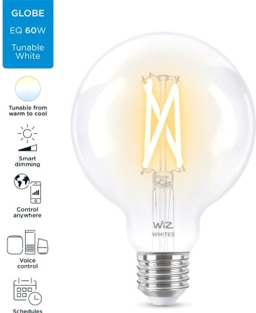 Розумна лампочка WIZ E27 7 W (60 W 806 Lm) G95 2700-6500 філаментна Wi-Fi (929003018201) - зображення 3