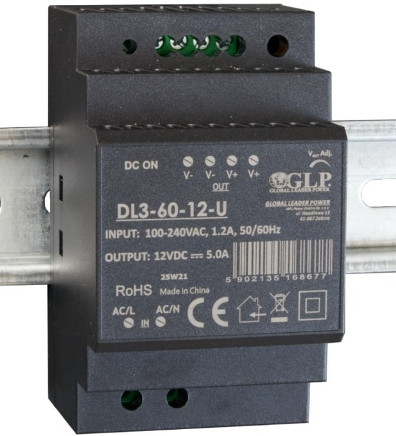 Zasilacz na szynę DIN GLP IP20, 60W, 12V, 5A (DL3-60-12-U) (5902135168677) - obraz 1