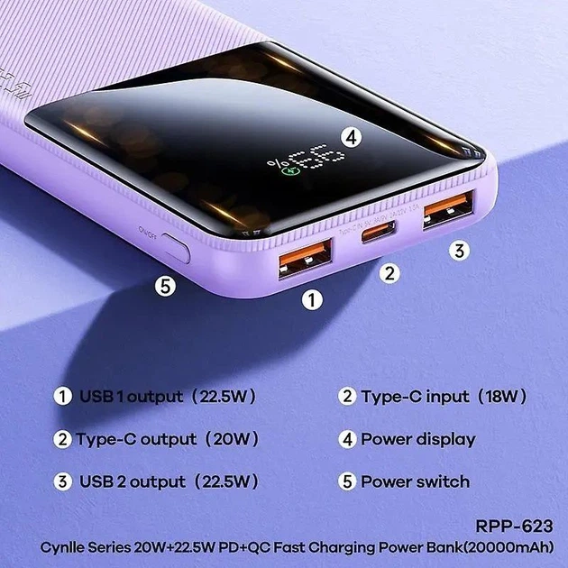 Павербанк Remax RPP-623 20000 mAh 22.5W 2USB/1Type-C Портативный внешний аккумулятор PowerBank с быстрой зарядкой Black - изображение 6