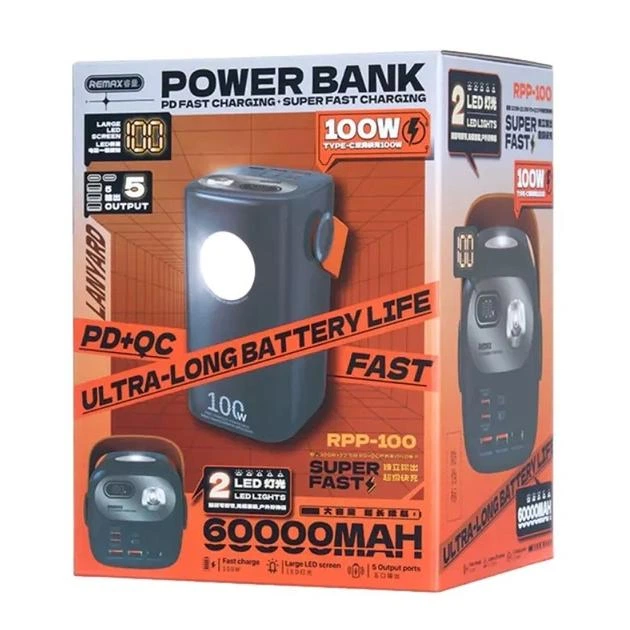 Повербанк для ноутбука Remax RPP-100 60000 mAh 100W 3USB/2Type-C Портативний зовнішній акумулятор Power Bank зі швидкою зарядкою PD100W+QC22.5W та ліхтариком Blue - зображення 11