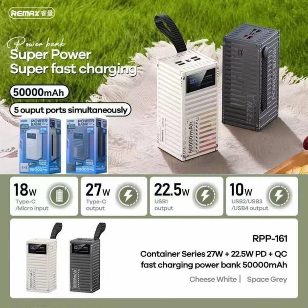 Павербанк Remax RPP-161 50000 mAh 27W 4USB/Type-C Портативний зовнішній акумулятор Power Bank зі швидкою зарядкою PD27W+QC22.5W Grey - Фото 12 Павербанк Remax RPP-161 50000 mAh 27W 4USB/Type-C Портативний зовнішній акумулятор Power Bank зі швидкою зарядкою PD27W+QC22.5W Grey - зображення 12