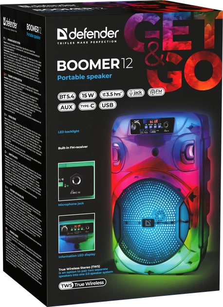 Портативная колонка Defender Boomer 12 15W RGB Black (4745091890333) - изображение 15
