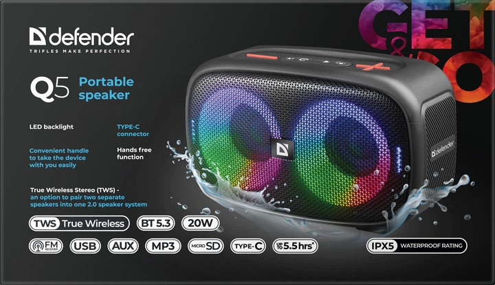 Głośnik przenośny Defender Q5 20W RGB 65305 Black (4745090820218) - obraz 10