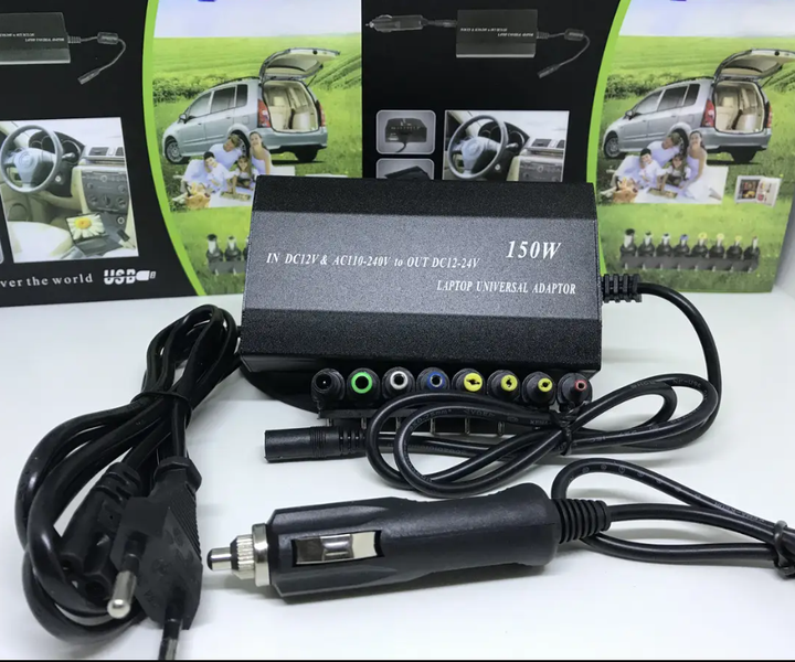 Універсальний зарядний пристрій для ноутбука MY 150W адаптер живлення мережевий та автомобільний з USB портом та 8 змінними штекерами для цифрової техніки - зображення 2