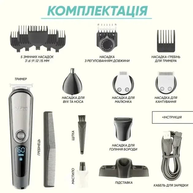 Триммер для стрижки волос и бороды VGR V-105 5 в 1, аккумуляторная машинка для стрижки волос, Серый - Фото 3 Триммер для стрижки волос и бороды VGR V-105 5 в 1, аккумуляторная машинка для стрижки волос, Серый - изображение 3