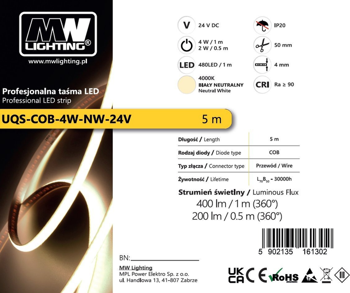 Професійна світлодіодна стрічка MW Lighting COB 24V 4W/м 4000K вузька 4мм 5м нейтральне біле світло IP20 теплий (UQS-COB-4W-NW-24V-5m) - зображення 3