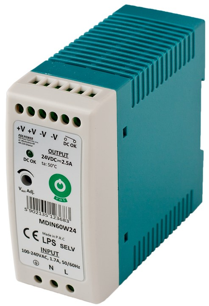 Transformator do lamp POS DIN Rail PSU Slim 24V/2.5A (MDIN60W24) - obraz 1