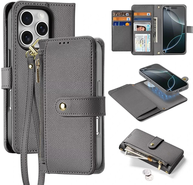 Etui z klapką DUX Ducis Lawa na Apple iPhone 16 Pro z odlaczanym portfelem magnetycznym Grey (6934913004975) - obraz 2