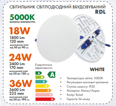 Світильник світлодіодний вбудовуваний LUMINARIA RDL-18W 1800Лм R120 5000K 220V IP20 120х20мм - зображення 6