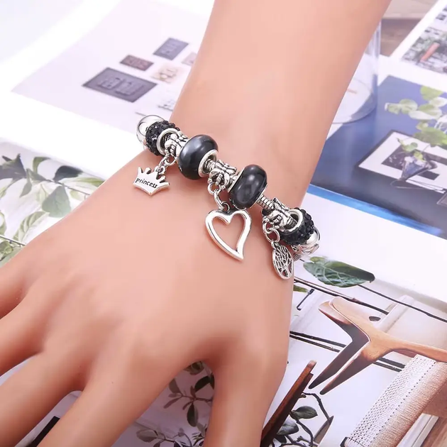 Женский браслет в стиле пандора Pandora черные камни с короной дерево сердце - Фото 2 Женский браслет в стиле пандора Pandora черные камни с короной дерево сердце - изображение 2