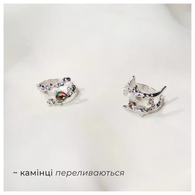 Колечки комплект трех необычной формы в сказочном фэнтези стиле с бензиновыми камушками S-L Серебристые - изображение 7