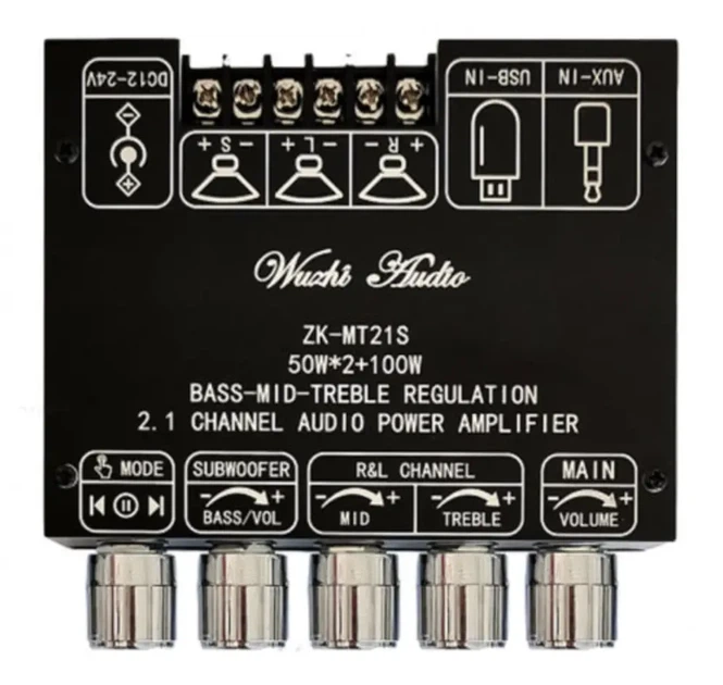 Аудио усилитель 2.1, 12-24В, 2x50Вт + 100Вт, Bluetooth 5.1, AUX, USB флешка, USB звуковая, ZK-MT21S - Фото 2 Аудио усилитель 2.1, 12-24В, 2x50Вт + 100Вт, Bluetooth 5.1, AUX, USB флешка, USB звуковая, ZK-MT21S - изображение 2