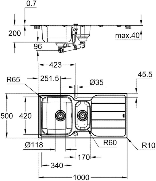 Мийка кухонна Grohe K500, нерж.сталь, прямокут., з крилом, 1000x500x200мм, чаша - 2, врізна, нержавіюча сталь - изображение 6