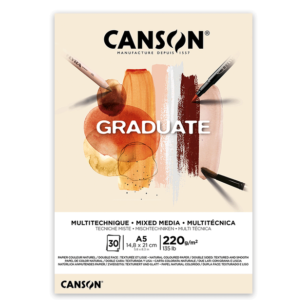Склейка паперу для міксованих технік GRADUATE MIXED MEDIA, А5 (14,8*21см), 220г/м2, 30л, натуральні кольори, Canson - Фото 1 Склейка паперу для міксованих технік GRADUATE MIXED MEDIA, А5 (14,8*21см), 220г/м2, 30л, натуральні кольори, Canson - зображення 1