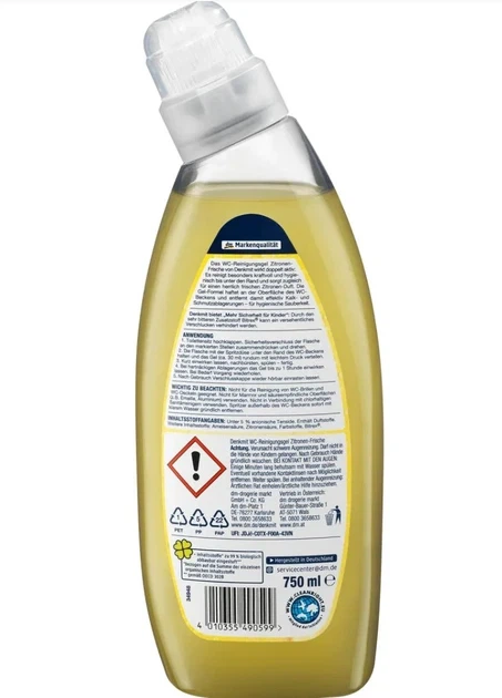 Засіб для чищення туалету Denkmit Zitron Лимон 750ml - Фото 2 Засіб для чищення туалету Denkmit Zitron Лимон 750ml - зображення 2