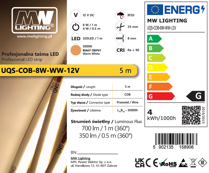Profesjonalna tasma LED MW Lighting UQS COB 8 W/m 12V 320LED 3000K CRI90 IP20 5m (5902135158906) - obraz 4