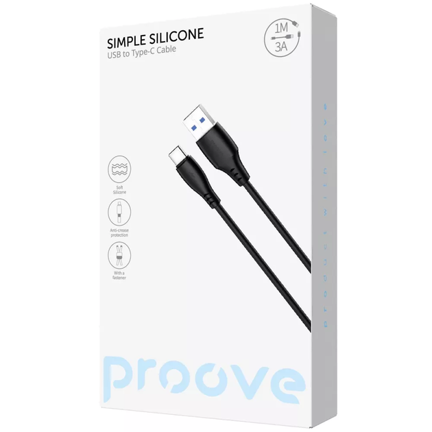 Кабель для зарядки Proove Simple Silicone, USB to Type-C, 3 А, довжина 1 м, Чорний (CCSS15001201) - зображення 2