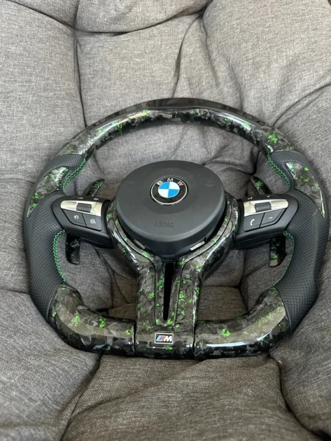 Руль из кованого карбона BMW M с зелеными акцентами и LED-экраном для серии F - изображение 5