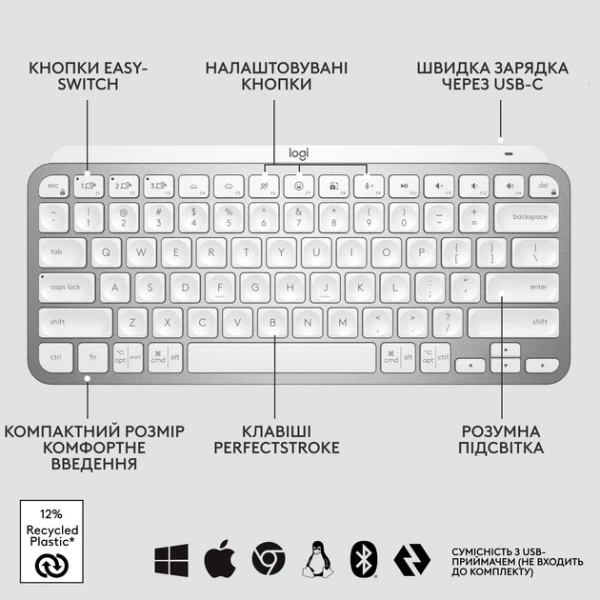 Клавиатура Logitech mx Keys Mini For Mac Minimalist Wireless Illuminated Pale Grey (920-010526) - изображение 6