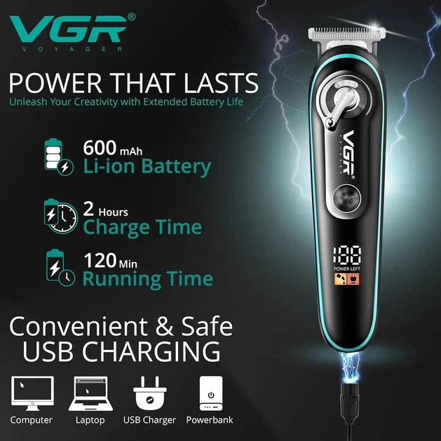 Акумуляторний триммер для стрижки волосся та бороди з USB та LED-дисплеєм VGR V-075 Pro Чорний + Олія для лез - изображение 3