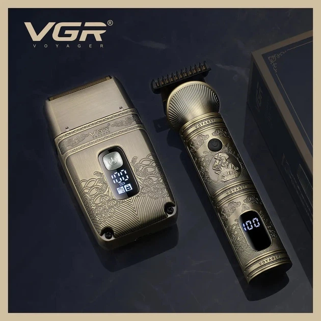 Бездротовий професійний набір машинка для стрижки та шейвер VGR V-649 акумуляторна водонепроникна сіткова для сухого і вологого гоління знімні насадки (1мм, 3мм, 5мм, 7мм) Бронзовий - изображение 2