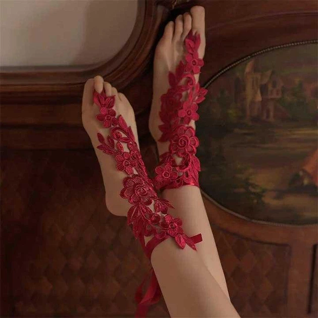 Женские Кружевные Чулки Бордовые С Цветочным Узором XS/S (359508) - Фото 2 Женские Кружевные Чулки Бордовые С Цветочным Узором XS/S (359508) - изображение 2