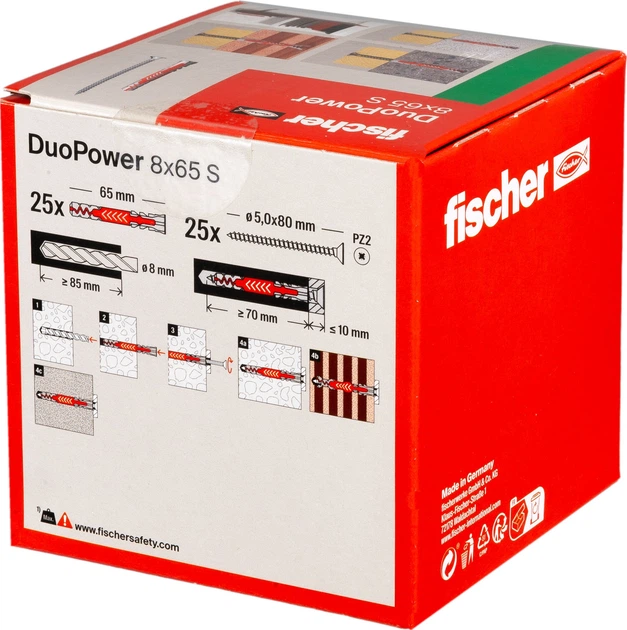 Дюбель Fischer DuoPower 538256 8 х 65 мм S із шурупом 25 шт (4048962262230) - зображення 3