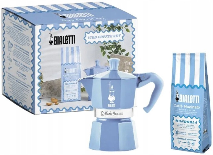 Zestaw Bialetti Kawiarka Moka Express blekitna 130 ml + Kawa mielona Perfetto Moka Mandorla 250 g (8006363095341) - obraz 1
