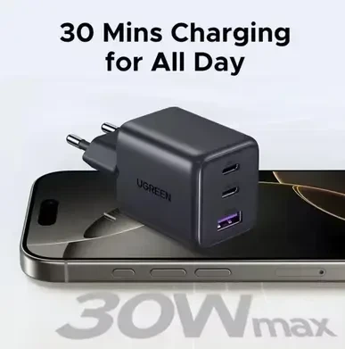 Зарядний пристрій UGREEN 30W GaN Fast Charger (x515), 3-Port, мережевий, PD3.0, QC3.0, USB 2C1A - Фото 2 Зарядний пристрій UGREEN 30W GaN Fast Charger (x515), 3-Port, мережевий, PD3.0, QC3.0, USB 2C1A - зображення 2