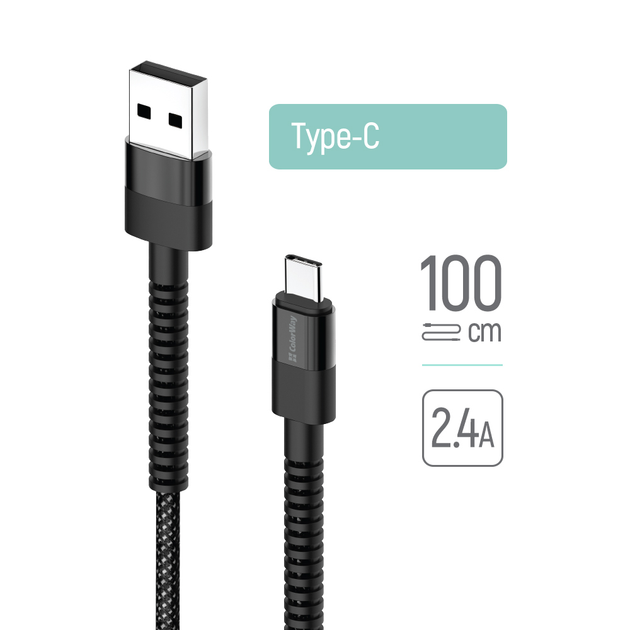 Кабель Colorway USB - Type-C (nylon - long head) 2.4А 1м Black - Фото 1 Кабель Colorway USB - Type-C (nylon - long head) 2.4А 1м Black - зображення 1