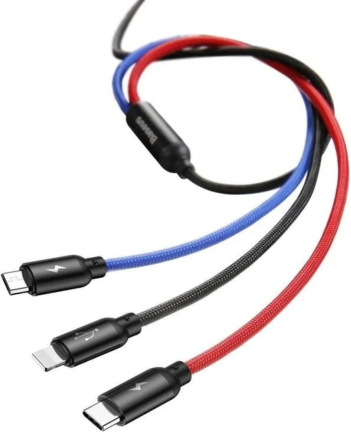Кабель Baseus Three Primary Colors USB  to USB Type-C + Lightning + microUSB 0.3 м 3.5A Black (CAMLT-ASY01) - зображення 3