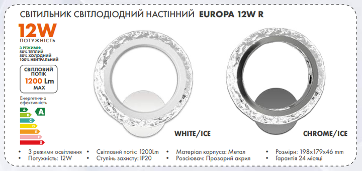 Світильник настінний світлодіодний, бра LUMINARIA EUROPA 12W 2800-6500К 1200Лм R220 ON/OFF CHROME/ICE 220V IP20 - зображення 5