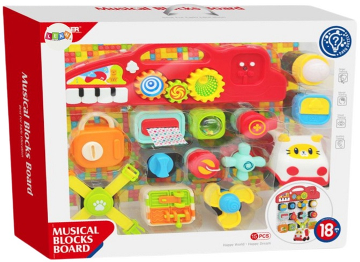 Tablica sensoryczna interaktywna dla dzieci LEAN Toys z panelem edukacyjnym i pianinkiem 15 elementów 18007 (5905991013969) - obraz 1