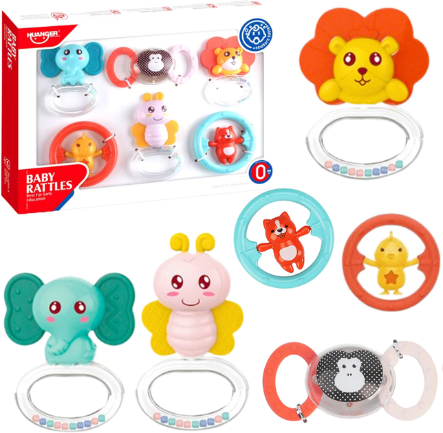 Zestaw gyzaków i grzechotek sensorycznych dla niemowląt LEAN Toys Zwierzątka 6 elementów 22785 (5905991051343) - obraz 2
