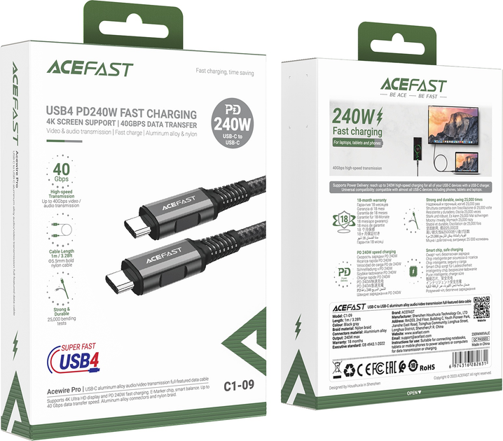 Kabel Acefast USB 4 Type-C do transmisji danych i video 4K 1 m Szaro-czarny (6974316282631) - obraz 5