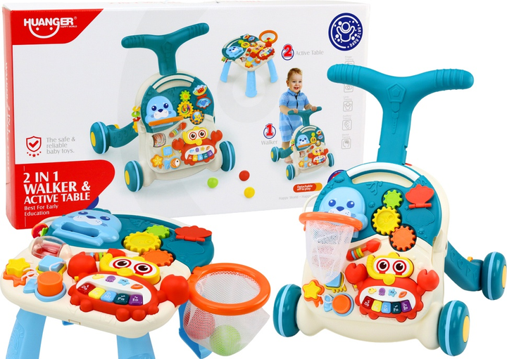 Chodzik-pchacz LEAN Toys 2w1 z panelem interaktywnym i stolikiem Niebieski 17383 (5905991002499) - obraz 2