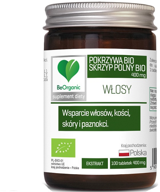 Suplement diety BeOrganic Pokrzywa Bio + Skrzyp polny Bio 400 mg 100 tabletek (5903242581342) - obraz 1