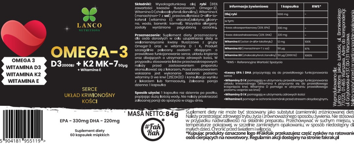 Харчова добавка Lanco Nutritions Omega 3 + D3 + K2 MK7 60 капсул (5904181955119) - зображення 2