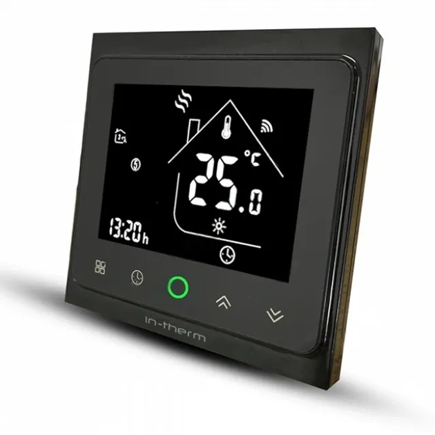 Програмований терморегулятор In-Therm PWT 002 Wi-Fi подвійний чорний матовий з сенсорним екраном для електричної теплої підлоги та радіаторів, адаптивне тижневе програмування, захист від дітей. - зображення 2