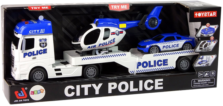 Zestaw zabawek LEAN Toys Policja z dźwiękiem i światłem Laweta z rampą + Autko + Helikopter 12959 (5905323211353) - obraz 1