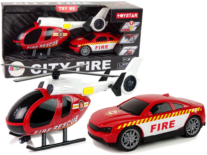 Zestaw zabawek LEAN Toys ze światłami i dźwiękami Helikopter + Auto Straż pożarna Czerwony 12964 (5905323211407) - obraz 2
