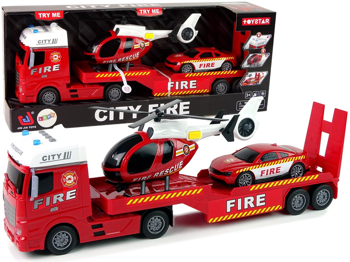 Набір іграшок LEAN Toys Пожежна служба Евакуатор + Автомобіль + Гелікоптер зі звуком і світлом Червоний 12960 (5905323211360) - зображення 2