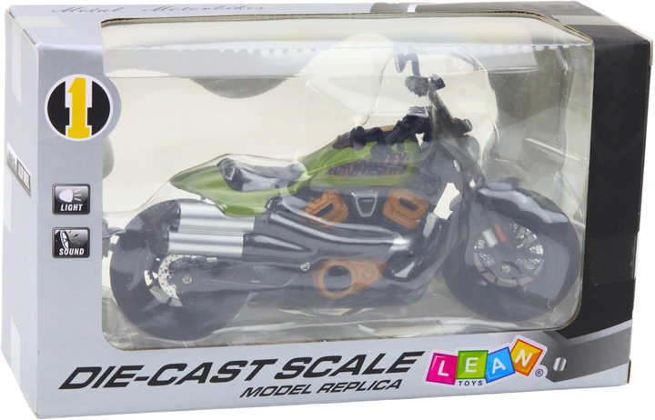Zabawka LEAN Toys Motocykl chopper metalowy ze światłami i dźwiękami z zielonymi elementami 1:12 Czarny 22616 (5905991049654) - obraz 1