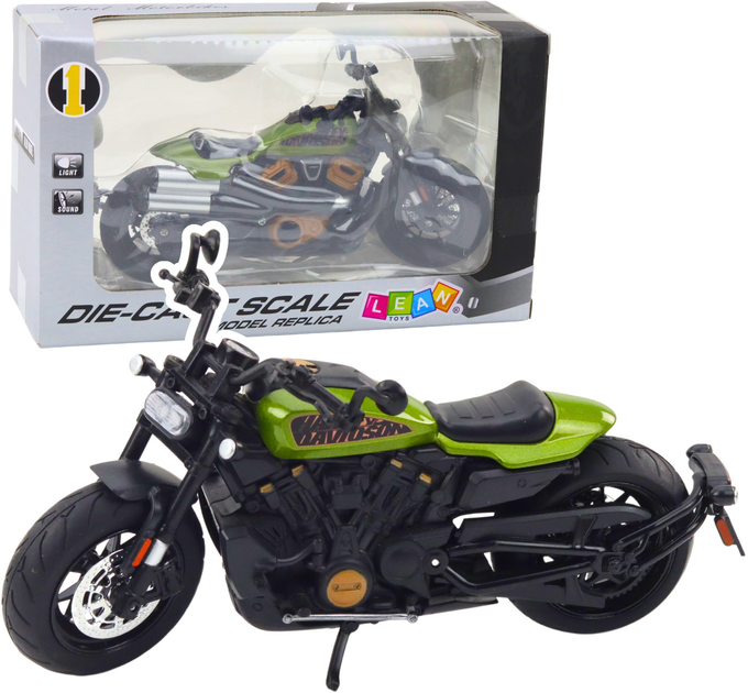 Zabawka LEAN Toys Motocykl chopper metalowy ze światłami i dźwiękami z zielonymi elementami 1:12 Czarny 22616 (5905991049654) - obraz 2