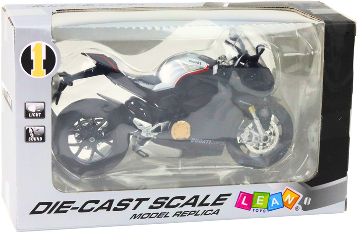 Zabawka LEAN Toys Motocykl V4 sportowy metalowy ze światłami i dźwiękami z srebrnymi elementami 1:12 Czarny 22611 (5905991049609) - obraz 1