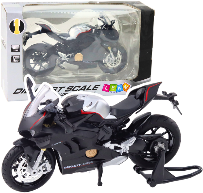 Zabawka LEAN Toys Motocykl V4 sportowy metalowy ze światłami i dźwiękami z srebrnymi elementami 1:12 Czarny 22611 (5905991049609) - obraz 2